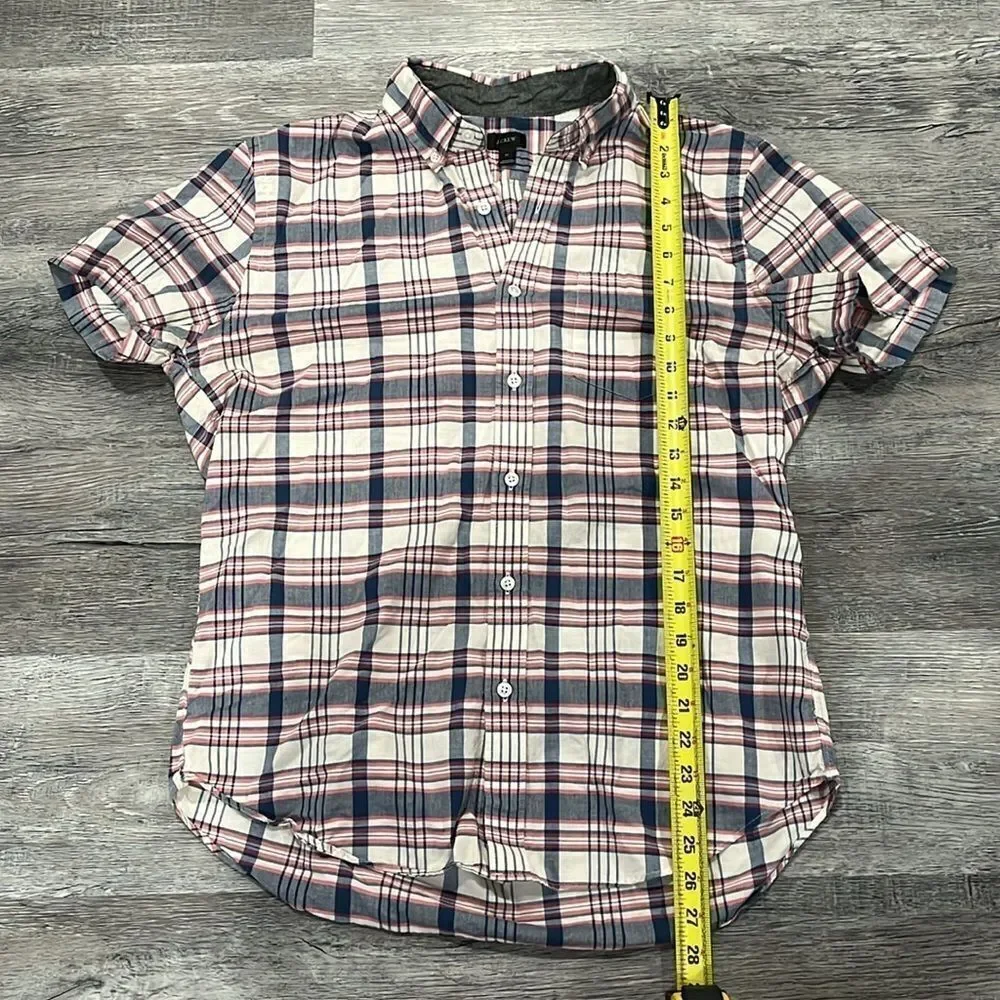 J.CREW men’s plaid blue pink button up short sleep shirt gray lined collar - M